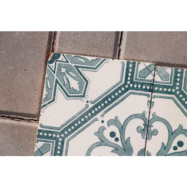 Art Deco Tiles Set of 8 Large Portuguese Sage Green & White Floral Geometric Design c.1920s For Sale - Image 6 of 16