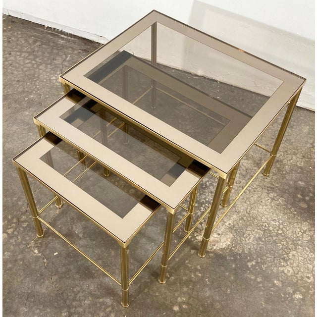 Mirrored Smoked Glass and Brass Nesting Tables, Set of 3 Chairish