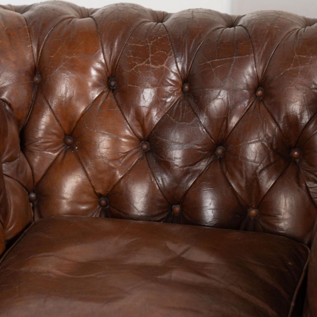 Set of Three Vintage Brown Leather Chesterfield Seating Group With Sofa and Pair of Club Chairs For Sale - Image 11 of 18