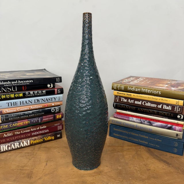 Glazed Teal & Amber Textured Ceramic Vase with Narrow Neck For Sale - Image 4 of 10