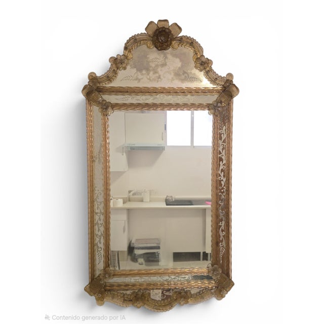1950s Venetian Murano Glass Wall Mirror with Floral Engraving and Amber Details, 1950 For Sale - Image 5 of 11