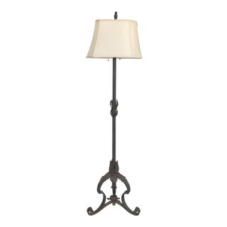Antique Mizner Era Wrought Iron Floor Lamp W/ Shade For Sale