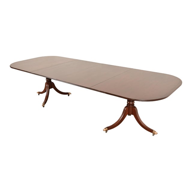 Baker Furniture Style Georgian Banded Mahogany Double Pedestal Extension Dining Table, Newly Refinished For Sale
