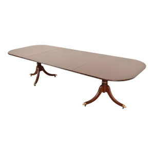 Baker Furniture Style Georgian Banded Mahogany Double Pedestal Extension Dining Table, Newly Refinished