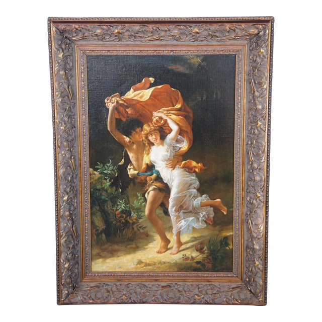 Late 20th Century The Storm Boy Girl Romantic Rainstorm Oil Painting After Pierre Auguste Cot 47" For Sale