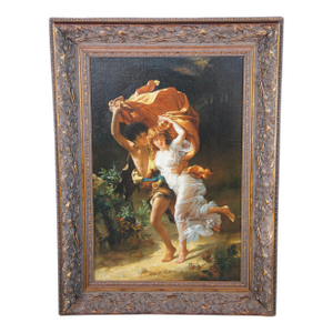 Late 20th Century The Storm Boy Girl Romantic Rainstorm Oil Painting After Pierre Auguste Cot 47"