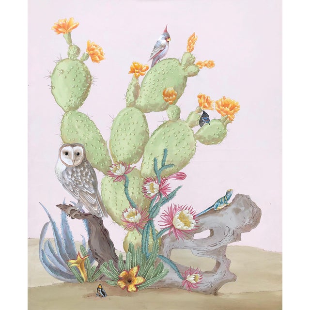 "Sonoran Oasis" Desert Owl Painting in the Chinoiserie Style by Allison Cosmos For Sale