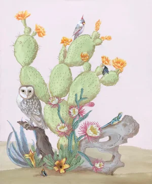 "Sonoran Oasis" Desert Owl Painting in the Chinoiserie Style by Allison Cosmos