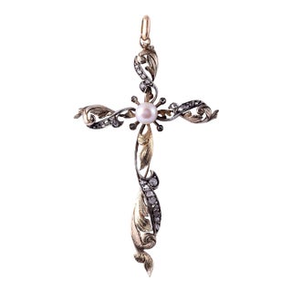 Early 20th Century Art Nouveau Foliate Pearl & Diamond Cross Pendant For Sale