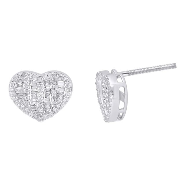 10K White Gold Round Baguette Diamond Heart Earring 1/3 Cttw, A Pair For Sale