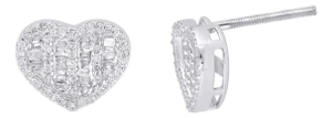 10K White Gold Round Baguette Diamond Heart Earring 1/3 Cttw, A Pair