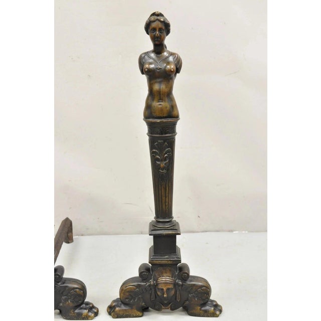 Antique French Renaissance Large Figural Bronze Man & Woman Bust Andirons - Pair For Sale - Image 4 of 10