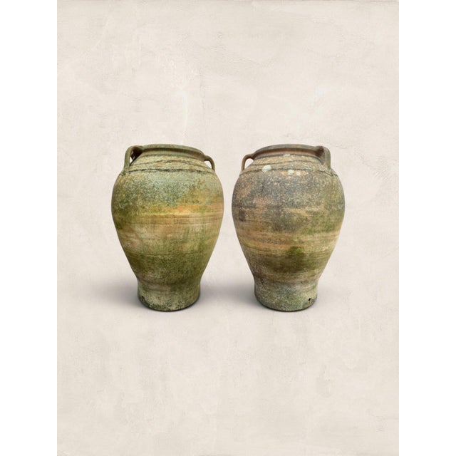 Rustic European Late 19th Century X Large (32" H) Pair of Antique Greek Terracotta Olive Jars With Weathered Patina For Sale - Image 3 of 14