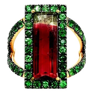 Natural Watermelon Tourmaline Tsavorite Ring 7 14k YG 4.7 TCW Certified For Sale