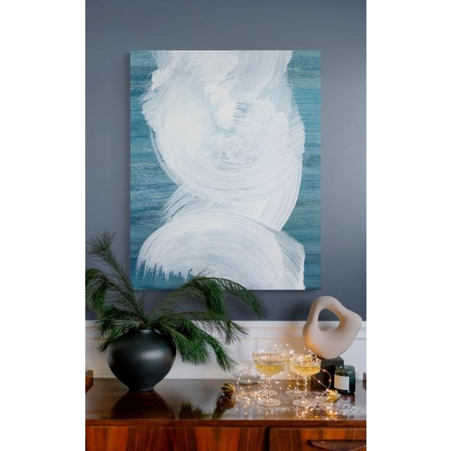 Original abstract art painting from my SWIRL series of modern graphic paintings. White swirls on multi-blue/teal...