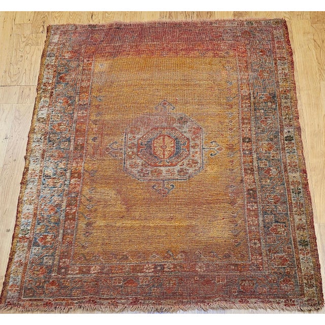 Textile 19th Century Antique Turkish Oushak Area Rug, 1880s, Pale Yellow & Blue, 5' x 5' For Sale - Image 7 of 14