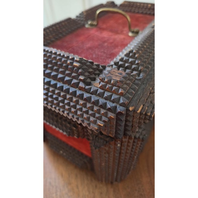 Antique Tramp Art Wooden Box, Hand Carved Folk Art Chest, Chip Carved Jewelry Box, Rustic Primitive Storage, Collectible Decor For Sale - Image 11 of 17