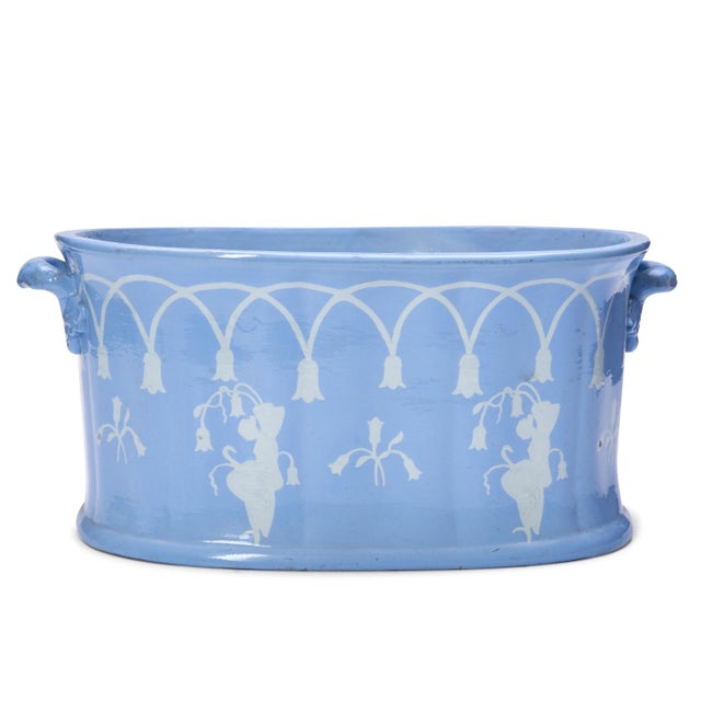 Antique 19th century English blue & white oval jardiniere planter centerpiece. Perfect for holding potted plants or large...