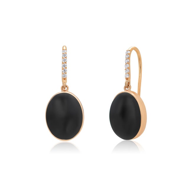 Modern Bold 14k Yellow Gold Black Onyx 20 Carat Diamond Hoop Dangle 1.5 Inch Earrings, A Pair For Sale - Image 3 of 9