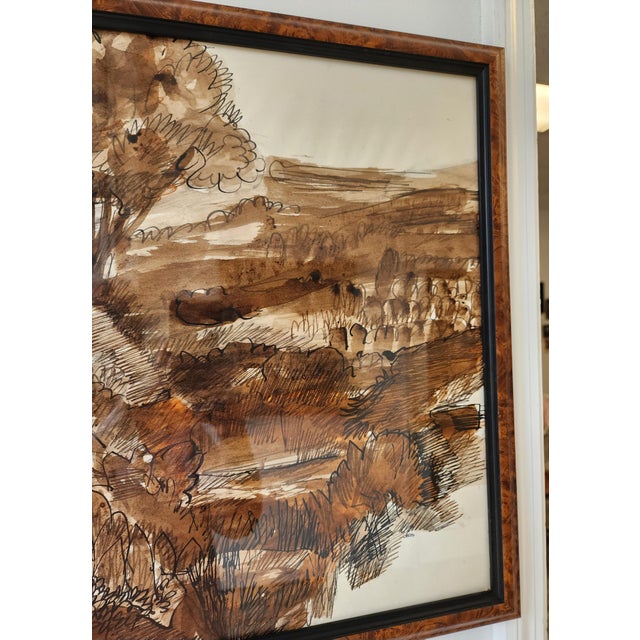 William Lyberis Signed Mid-Century Sepia Watercolor Landscape Painting For Sale - Image 13 of 17