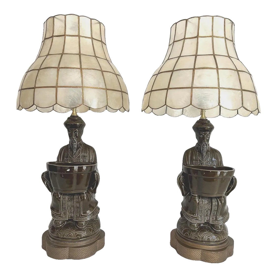 1960s Figurative Asian Planter Lamps & Shell Shades, Pair | Chairish