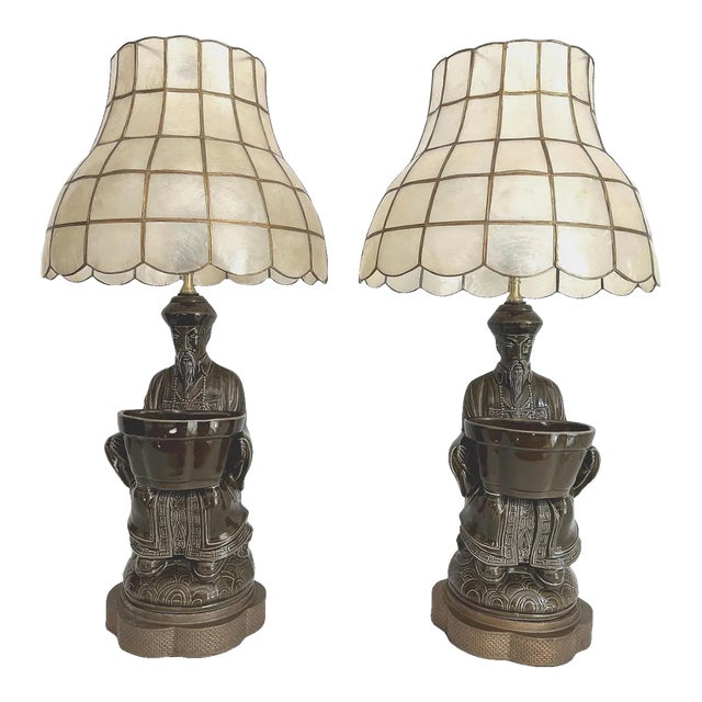 1960s Figurative Asian Planter Lamps & Shell Shades, Pair For Sale