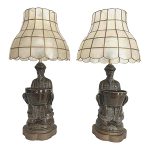 1960s Figurative Asian Planter Lamps & Shell Shades, Pair