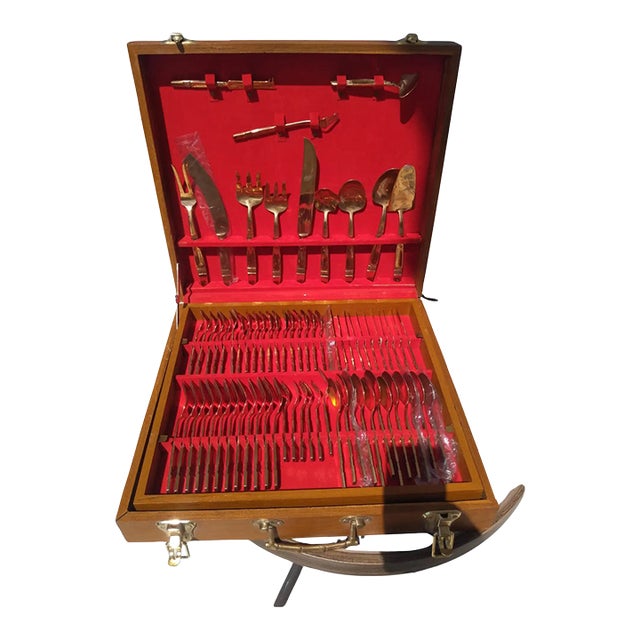 Vintage 144 Pc. Set of Thai Nickel Bronze Flatware in Teak Case For Sale