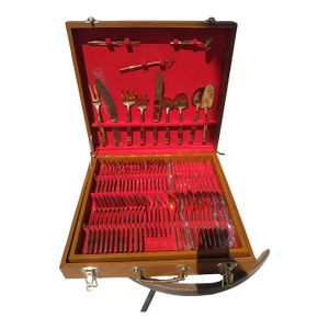Vintage 144 Pc. Set of Thai Nickel Bronze Flatware in Teak Case