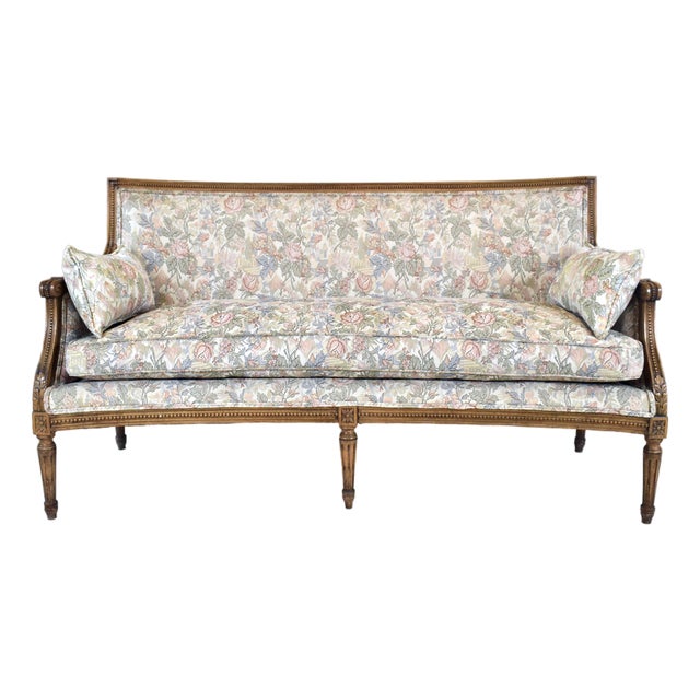 Louis XVI Style Sofa, Hand-Carved Walnut, Floral Tapestry, Usa, 1960s For Sale