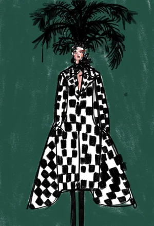 "Checkmate & Feathers" Original Fashion Figurative Print by Annie Naranian