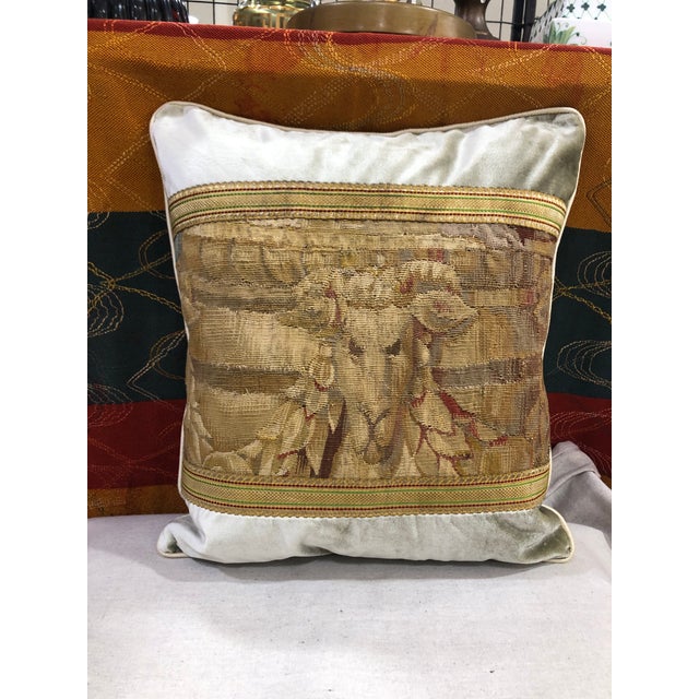 Antique Petite Aubusson Tapestry Decorative Pillow Rams head with gold metallic decorative tapes. Silver tone silk velvet...