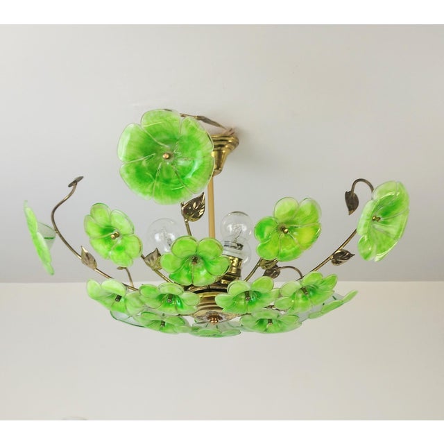 Vintage Green Murano Styled Glass Flush Mount Chandelier Floral Ceiling Light – Hand Painted 1970s For Sale - Image 9 of 11