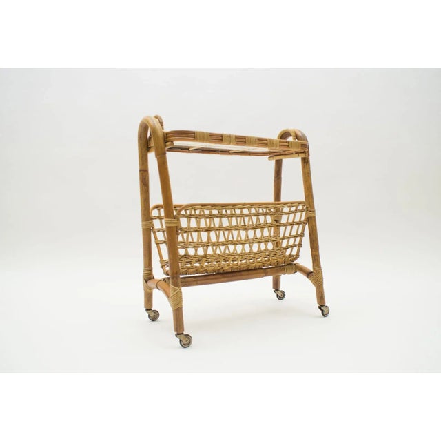 Mid-Century Modern Italian Bamboo and Rattan Bar Cart Serving Trolley, 1950s For Sale - Image 3 of 14