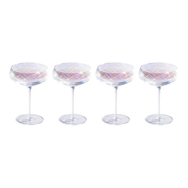 Audrey 4-Piece Set Hand Etched Coupe Glasses, Clear Luster For Sale