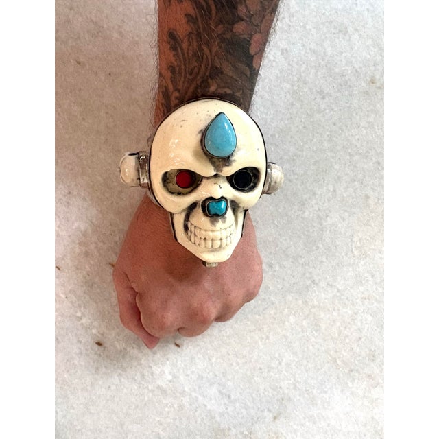 Boho Chic Vintage Silver and Resin Skull Cuff Bracelet For Sale - Image 3 of 7