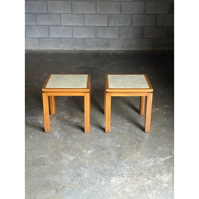 Wonderful pair of Harvey Probber tables with a mahogany frame and enamel tops. The tops are designed by Arpad and Ilona...
