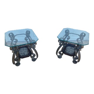 Pair of Hollywood Regency Scrolled Iron & Glass Side Tables With Stone Inset Shelves For Sale