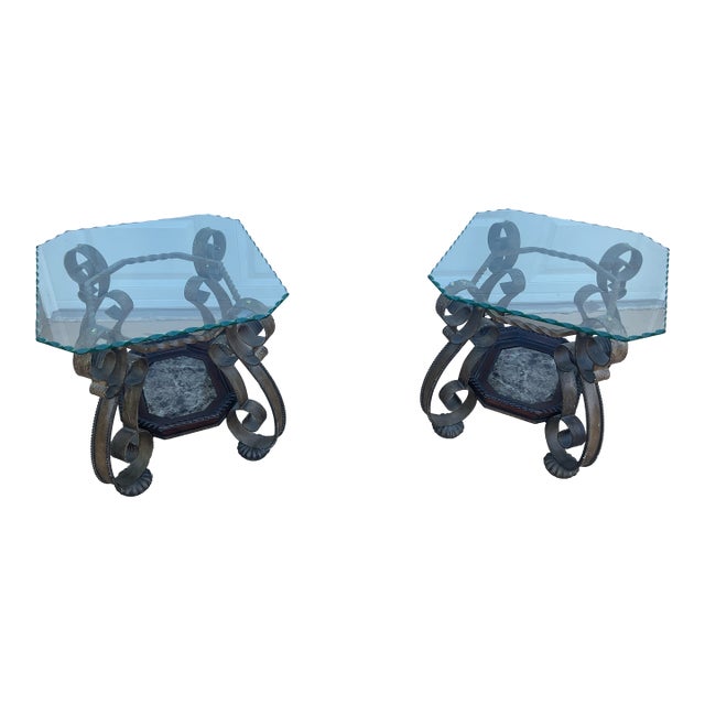 Pair of Hollywood Regency Scrolled Iron & Glass Side Tables With Stone Inset Shelves For Sale