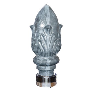 Zinc Crowned Acorn 1920s Decorative Element Mounted on Circular Lucite Base For Sale