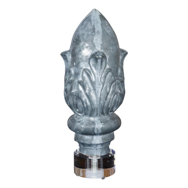 Zinc Crowned Acorn 1920s Decorative Element Mounted on Circular Lucite Base For Sale