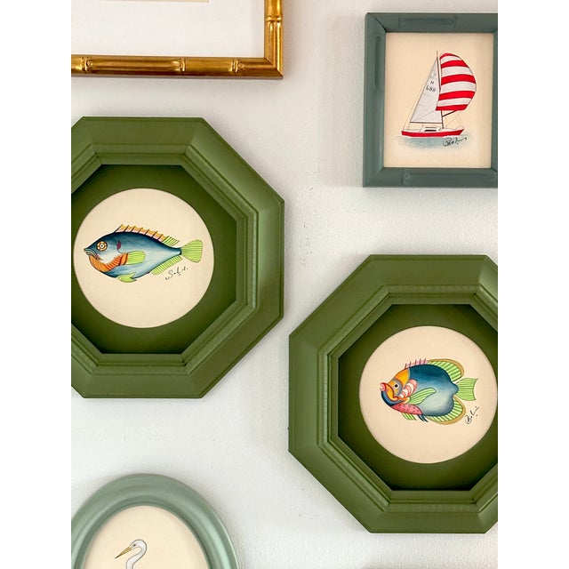 Original Hand-Painted Blue Fish Painting in a Hand-Painted Frame For Sale - Image 4 of 4