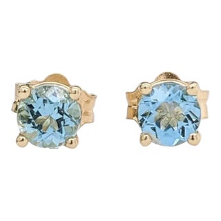 Aquamarine Four Prong Solitaire Stud Earrings in Solid 14k Gold Round - 2 Pieces For Sale