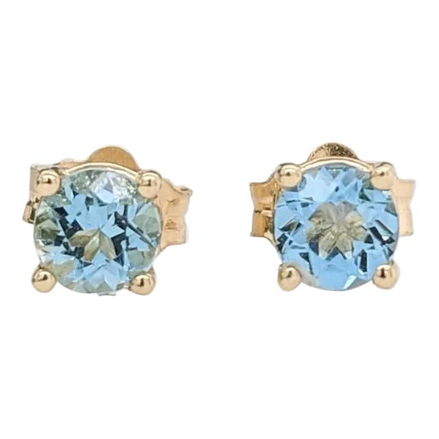 Aquamarine Four Prong Solitaire Stud Earrings in Solid 14k Gold Round - 2 Pieces For Sale