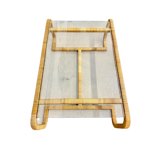 1970s Mid-Century Modern Rattan Wrapped Glass Top Coffee Table For Sale - Image 5 of 5
