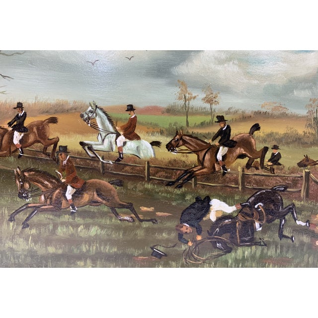 Charming sporting oil painting on wood panel depicting a lively English fox hunt or steeplechase. A field of mounted...