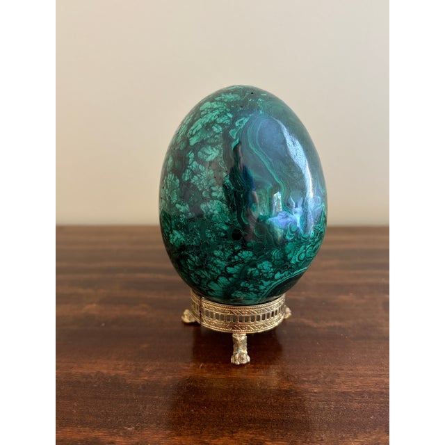 Green Large Solid Malachite Egg on Neoclassical Brass Stand With Paw Feet For Sale - Image 8 of 10