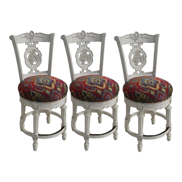 Set of 3 French Provincial Style Swivel Bar Stools For Sale