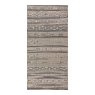 Vintage Turkish Gallery Kilim With Soft Blue-Gray and Sand Striped Motifs For Sale