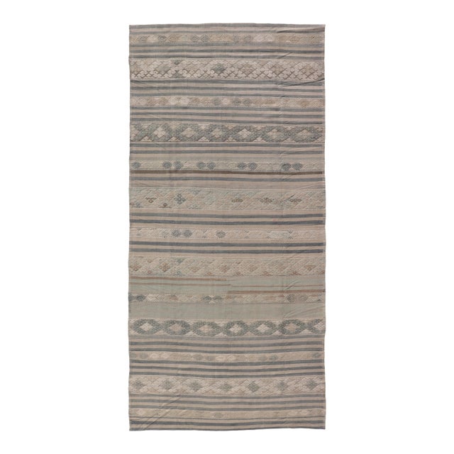 Vintage Turkish Gallery Kilim With Soft Blue-Gray and Sand Striped Motifs For Sale